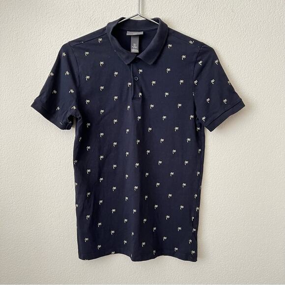 H&M Palm Tree Print Short Sleeve Navy Blue Polo Top - Picture 1 of 6